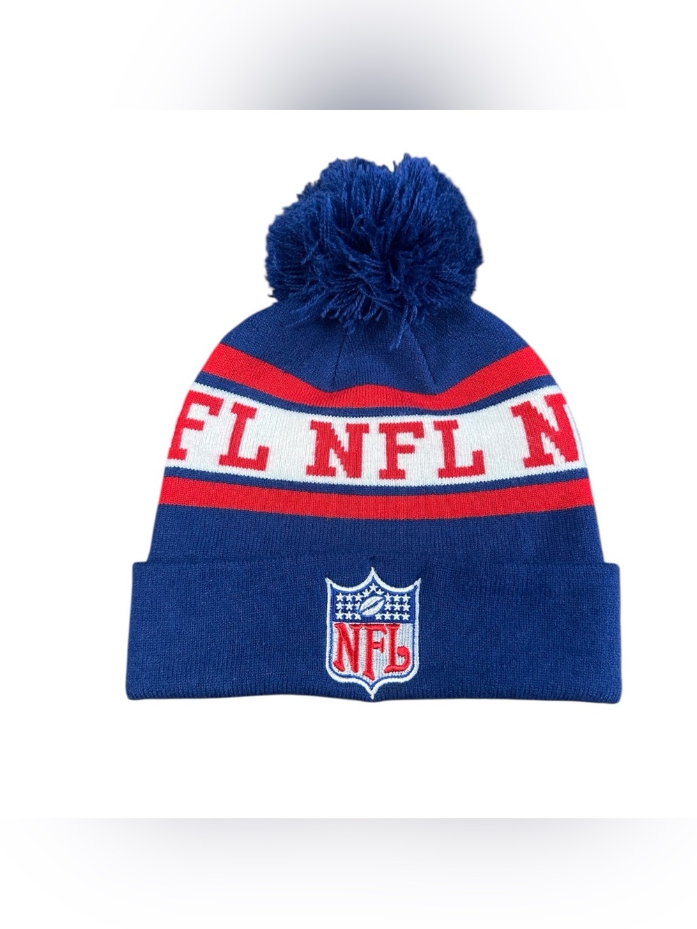 NFL Pom Pom Knit Beanie Hat Blue Red & White Winter Cap
